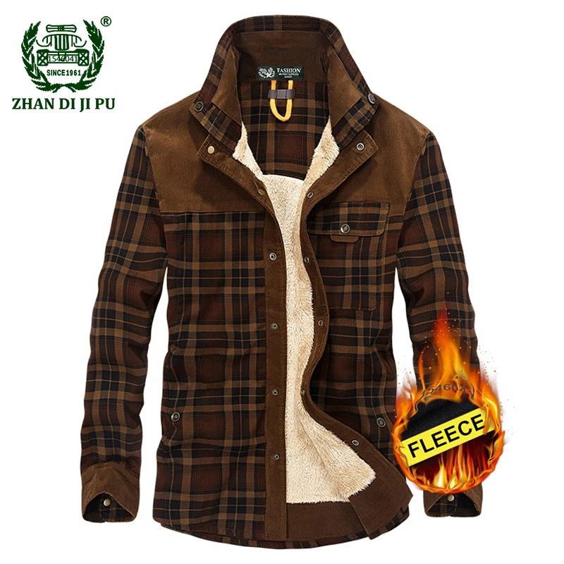 

2019 Men's winter warm thicken fleece 100% cotton plaid shirt man casual brand high quality army green grid long sleeve shirts