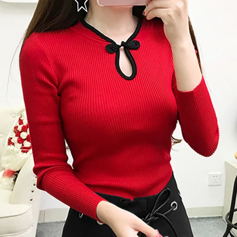 

Women Elegant Cheongsam Turtleneck Sweater Women Vintage Long Sleeve Sweater Pullover Autumn New Fashion Knitted Sweater Tops