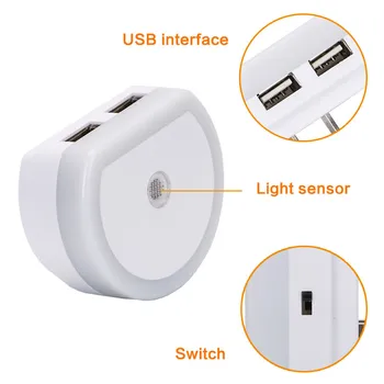 

AC100-240V Plug-in LED Night Lights with Auto Dusk to Dawn Sensor Dual Ports USB Charger EU or US Emergency lighting