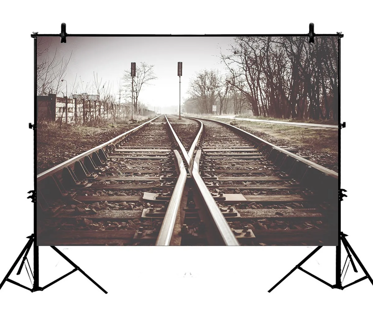 

5x7ft Vintage Train Track Trees Road Lamps Polyester Photo Background Portrait Backdrop