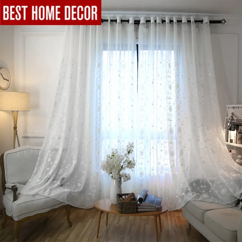 

BHD tailor-made line embroidered sheer tulle curtain for living room bedroom white voile curtains for window chinese curtains