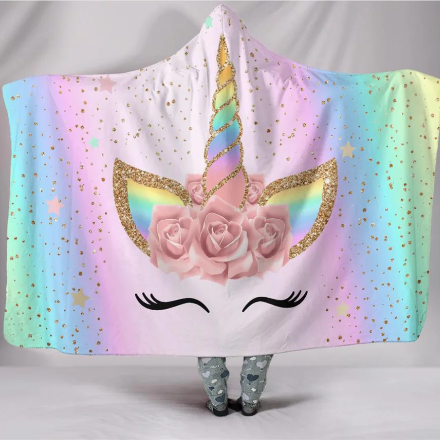 

Flower Unicorn Spot Pattern 3D Printed Plush Hooded Blanket for Adults Kid Warm Wearable Fleece Throw Blankets
