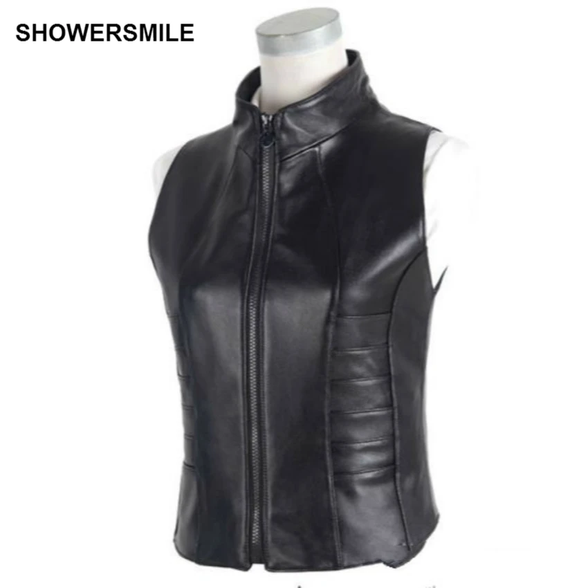 SHOWERSMILE Black Genuine Leather Vest Womens Real Sheepskin Waistcoat Sleeveless Jacket With Zipper Short Slim Gilet