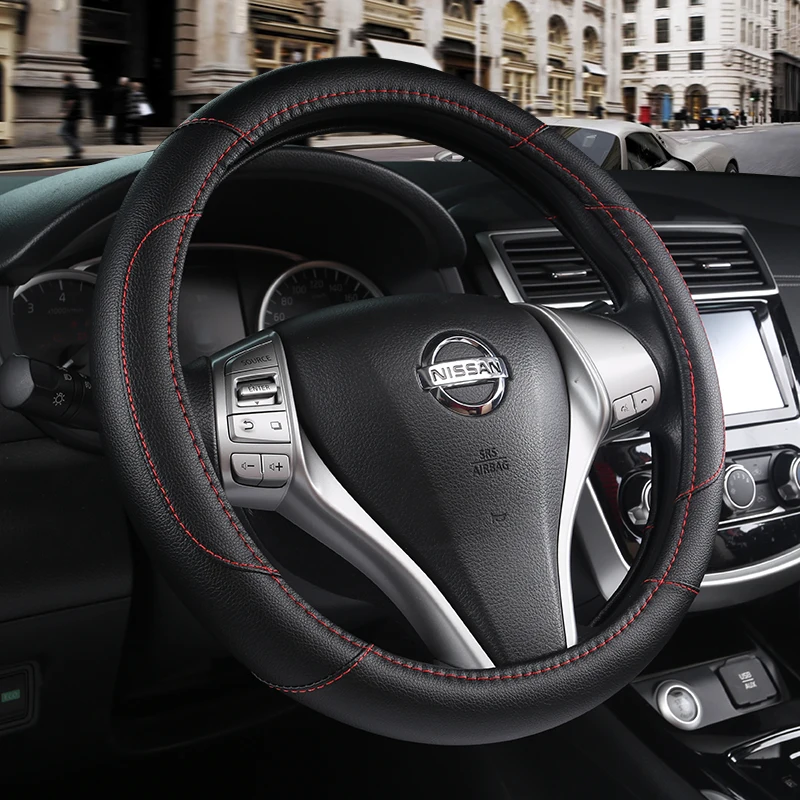 

KKYSYELVA Black Car Sport Steering Wheel Cover Leather Auto Steering Covers Universal 38CM wheel covers Car Inter Accessories