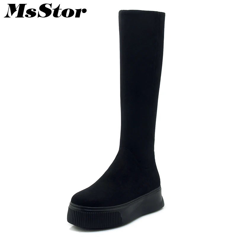 

MsStor Round Toe Thick Bottom Women Boots 2018 Fashion Zipper Knee High Boots Women Winter Shoes Black Flat Boots Shoes For Girl