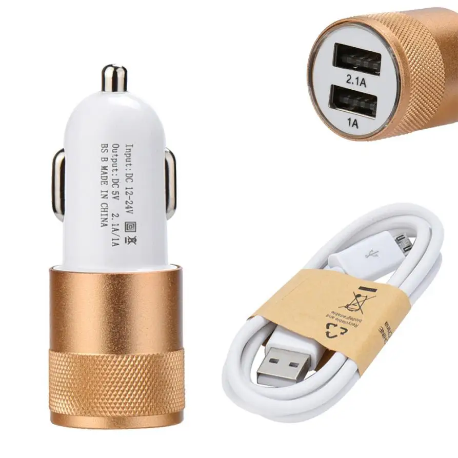 حار بيع 5 V/2.1A 1A المزدوج USB 2 منفذ سيارة مهايئ شاحن + المصغّر USB كبل شحن ل ل SamsungGalaxy S7 حافة سيارة التصميم