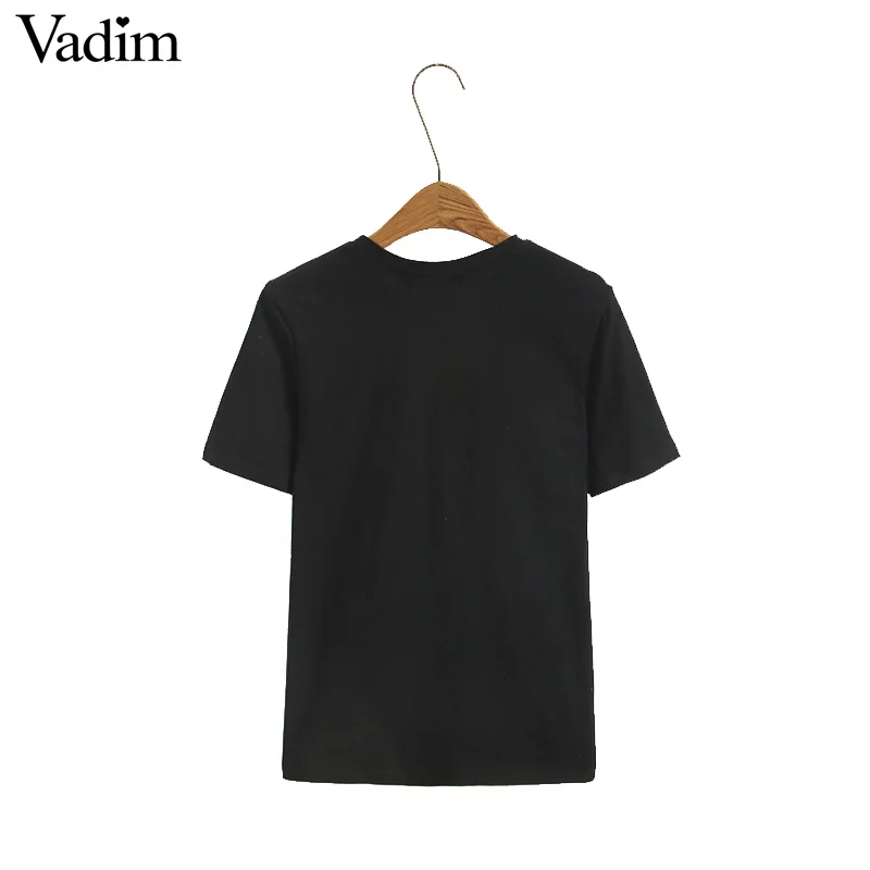 Vadim, милый, Женский цветочной вышивкой футболка Круглая горловина с коротким рукавом, черные футболки, летние женские туфли на каждый день, с длинным рукавом; брендовые топы, женские футболки, DT1179