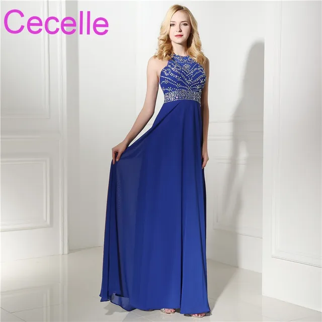 Royal Blue Long Prom Dresses 2019 Beaded Sexy A line Chiffon Open Back