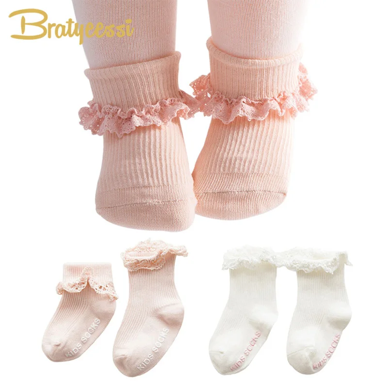 Chaussettes en coton rose/blanc pour petites filles | Jolies princesses, chaussettes à volants longueur cheville pour bébés filles, chaussettes pour nouveau-nés de 0 à 4 ans