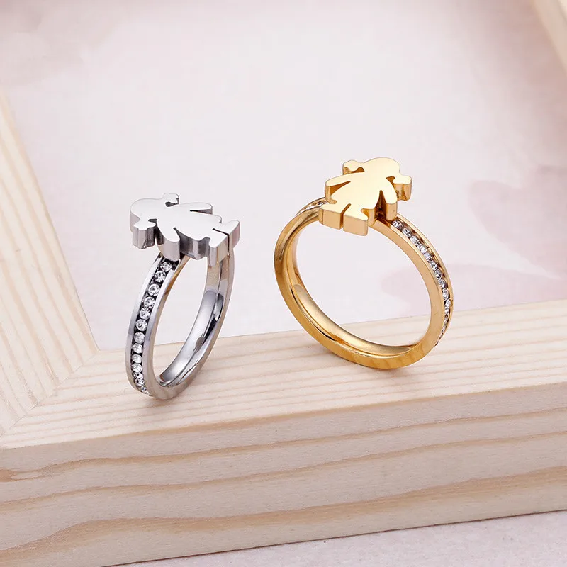 

Fashion Women Men Silver Gold Titanium Steel Boys Girls White Cartoon Crystal Bear Charm Finger Rings Pulseras Jewelry