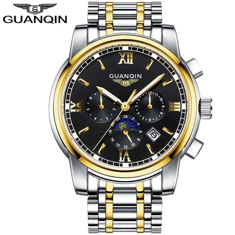 GUANQIN часы для мужчин люксовый бренд автоматический самоветер бизнес нержавеющая сталь Водонепроницаемый механические наручные часы для мужчин часы - Цвет: GOLD BLACK