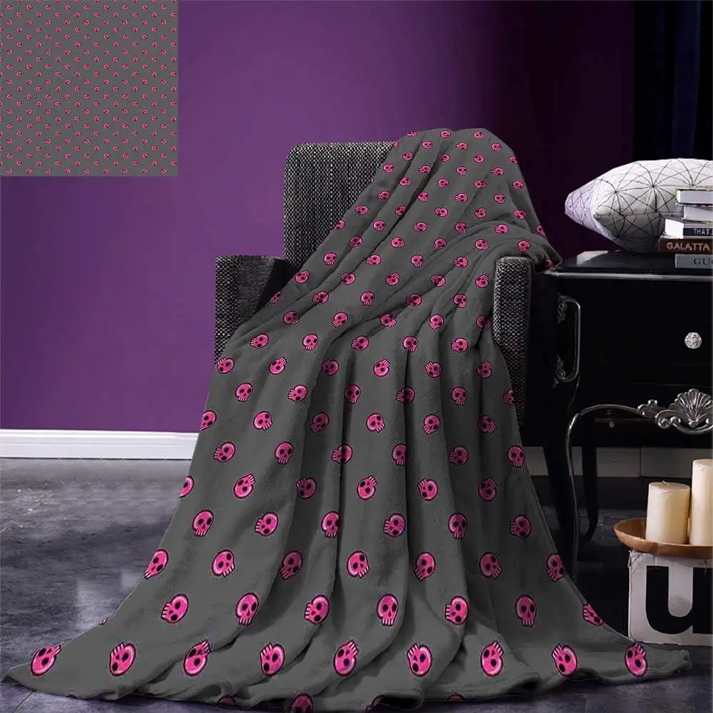 Skull Throw Blanket Hand Drawn Style Pink Emo Skulls Teenager Lifestyle