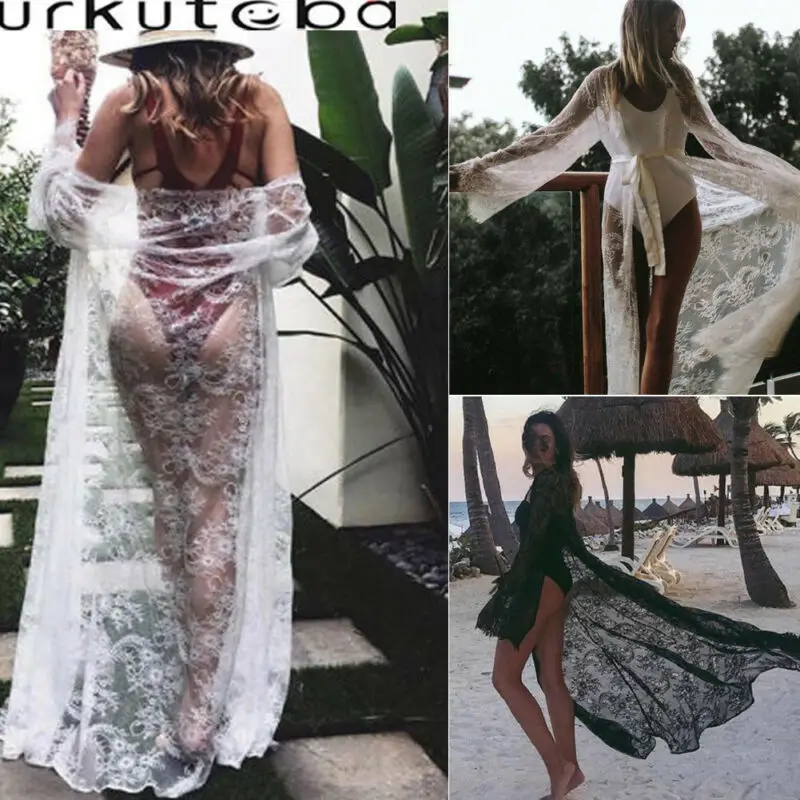 

Women Lace Hollow Crochet Swimwear Bikini Long Sleeve Cover Up Beach Dress Sarongs Kaftan