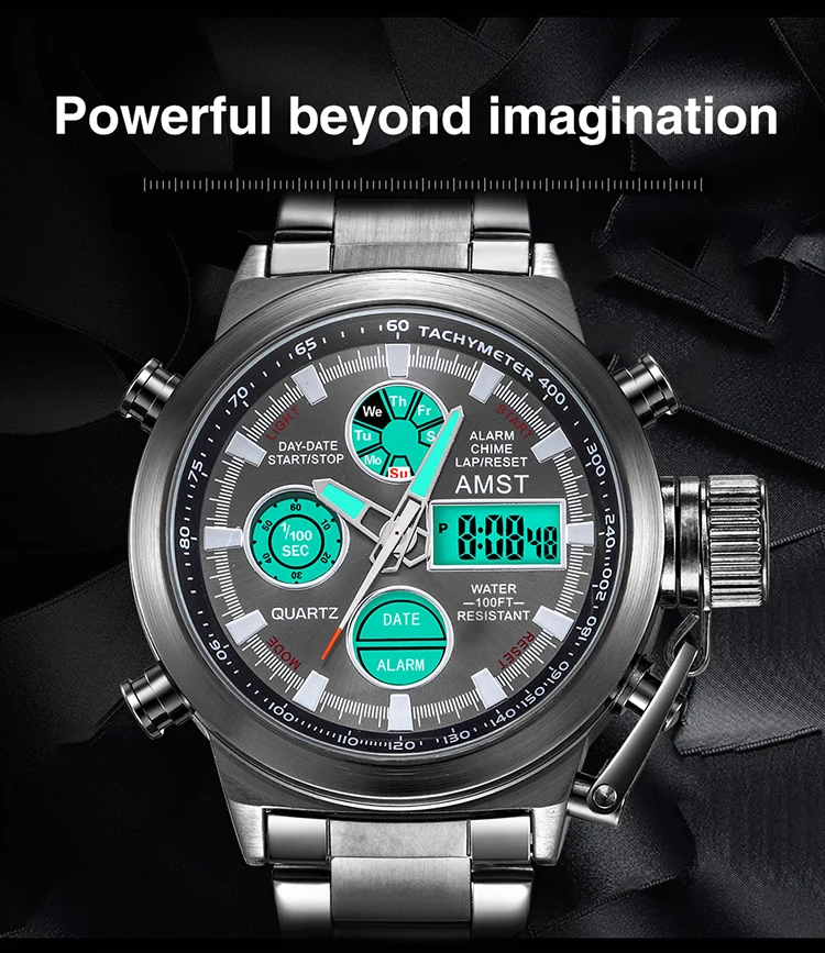 AMST спортивные военные часы мужские водонепроницаемые 50 м часы хронограф светящийся стрелки Стоп Часы Мужские Аналоговые Цифровые часы мужские Relogio