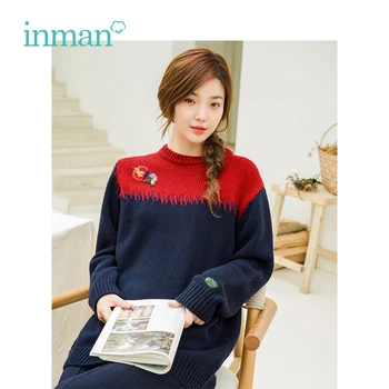 

INMAN Winter New Arrival Contrast Color Applique and Embroidery Artistic Women Long Pullover Sweater