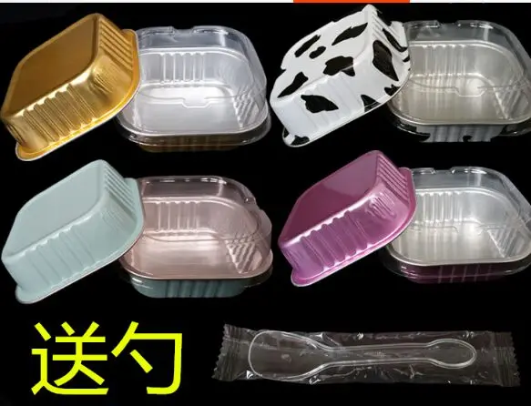 

100 sets Square /love heart cake cups/ moon cake packaging trays / aluminum foil cake boxes with lids/spoons