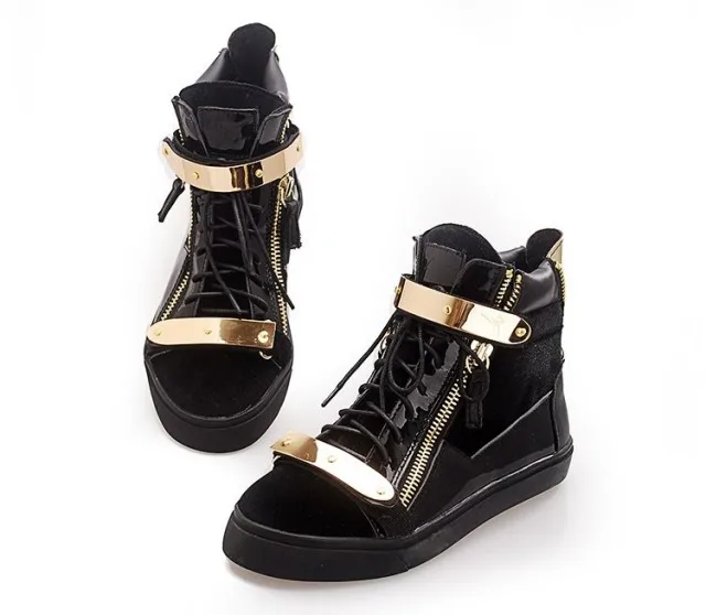 black shoes with gold zipper