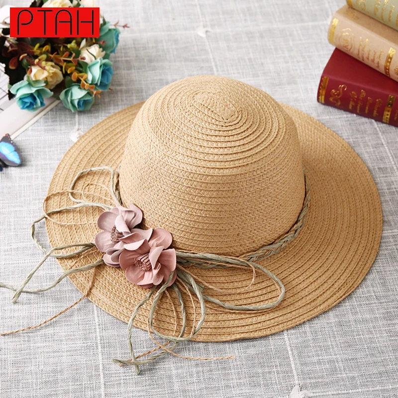 PTAH Summer Straw Sun Hats 2017 Women Large Wide Large Brim Floral