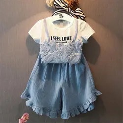 Костюмы для девочек летний ребенок шею стерео кружевные футболки с надписями и свободные широкие штаны два комплекта Мода o-образным