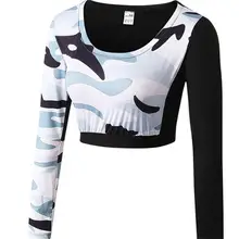 Женские для фитнеса майка без рукавов для йоги упражнения Бег training открытый пупок tight quick dry Камуфляж рубашки с длинным рукавом