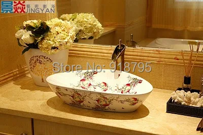 

Porcelain Cloakroom Wash Basin Bathroom triangle Vessel sink with two peaches DH887
