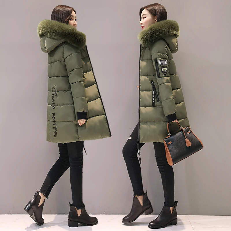 Orwindny Thick Warm Winter Jacket Women Slim Fashion Letter Ladies Parkas Hooded With Big Fur Collar Plus Size M-3XL Cotton Coat