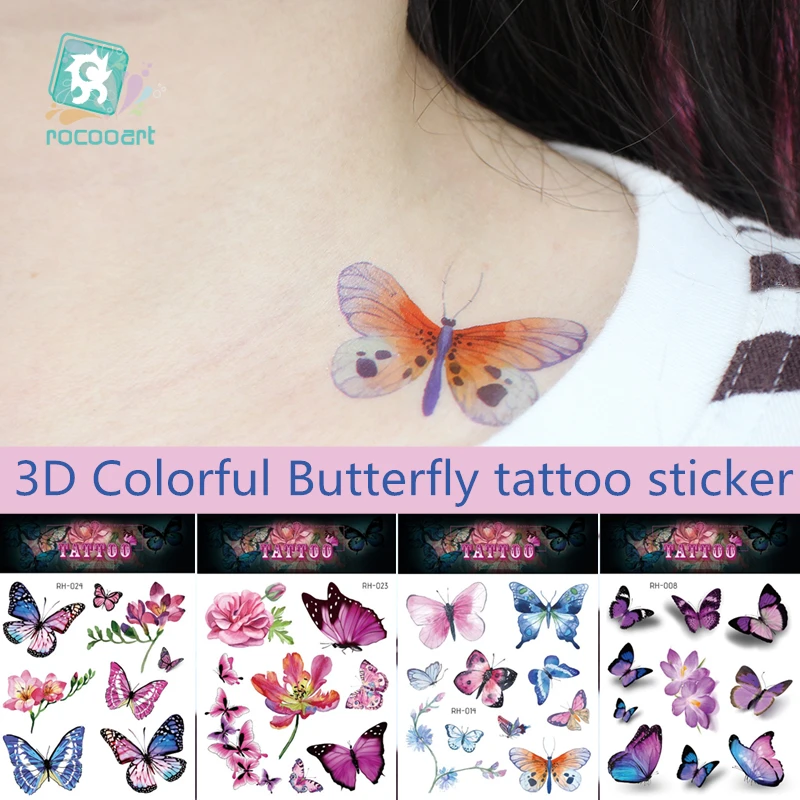 

Rocooart New 3D Colorful Butterfly Tattoo Stickers Women clavicle Temporary Tattoo Water Transfer Art body Sexy Tatoo