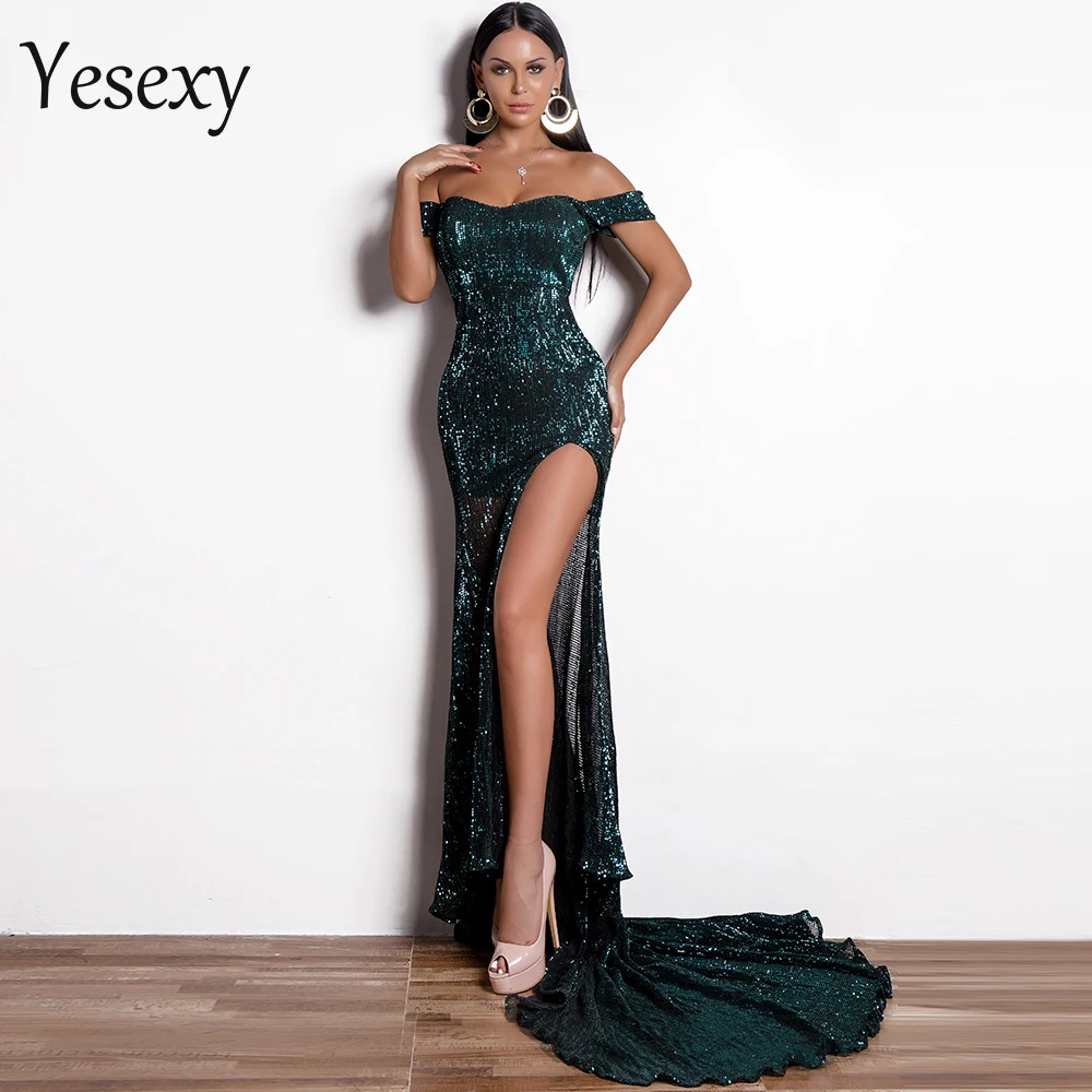 

Yesexy 2019 Women Sexy Bra Off Shoulder Short Sleeve Sequin Dresses Split Maxi Dress Elegant Party Dress Vestdios VR9266-1