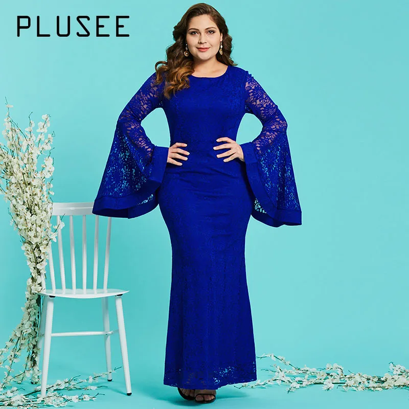 

Plusee Plus Size Lace Dress 4XL Women Blue O-Neck Spring Solid Flare Sleeve Party Hollow Plus Size Floor-Length Mermaid Dress