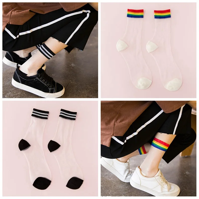 

3 Pairs Crystal Cute Rainbow Transparent Socks Lady Girls Sheer Short Ankle Stripe Sweet Girl New Summer JCX9130