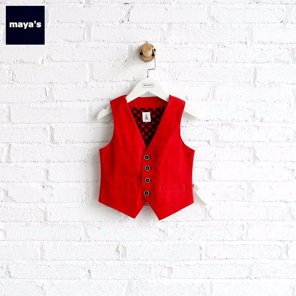 Mayas Red Solid Color Plaid Sleeveless Kids Vest Soft Breathable Children V Neck Waiscoats Toddler Spring Basic Tops 82051