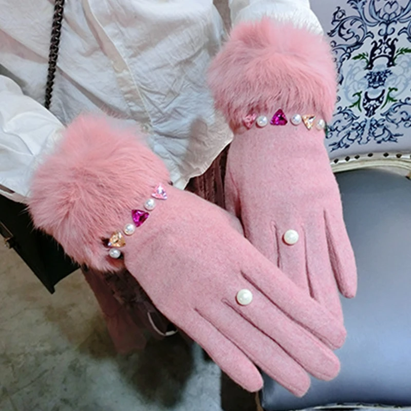 

2017 Brand Luxury Women's Winter Wool Gloves Colorful Crystal Rabbit Fur Elegant Fur Gloves Female Mittens Cashmere Gloves Luva