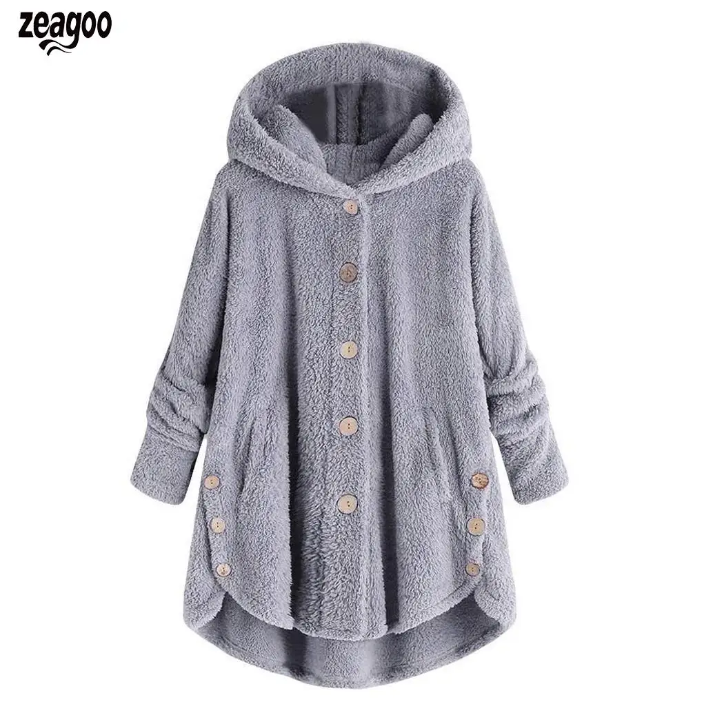 

Women Winter Fashion Oversized Plush Hooded Above Knee Casual Cardigan Autumn Winter Thick Button Solid Color Faux Fur Loose