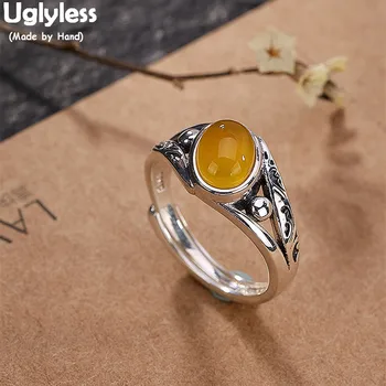 

Uglyless 100% Real Solid 925 Sterling Silver Handmade Hollow Leaf Thai Silver Finger Rings for Women Oval Chalcedony Open Ring