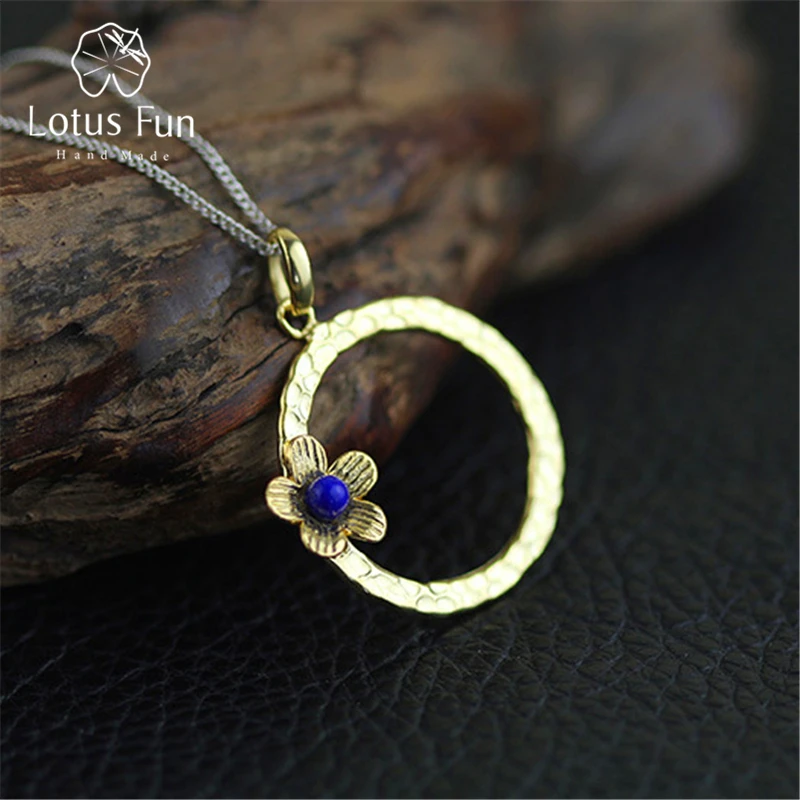 

Lotus Fun Real 925 Sterling Silver Natural Lapis Handmade Fine Jewelry Fresh Flower Design Pendant without Necklace for Women