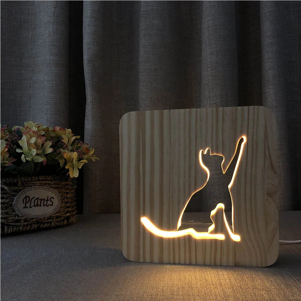 Ночник кот Деревянная лампа животное милый кавайный котик лапа лампа 3D USB светодиодный настольный свет переключатель управления дерево врезной светильник для украшения детской комнаты