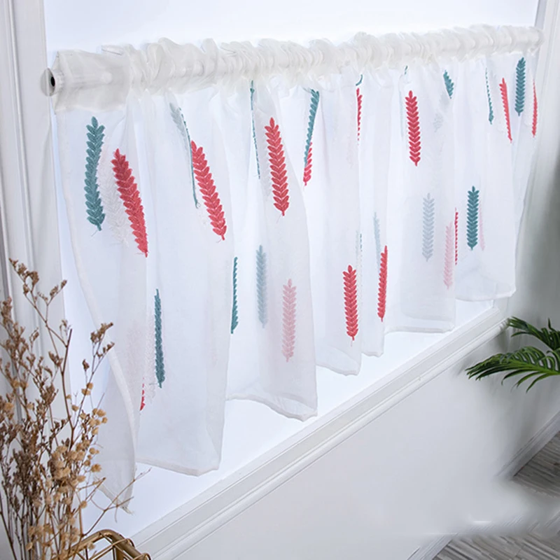 

1pcs Embroidery White Kitchen Curtains for Small Window Home Decor Wheat Ear Patter Tulle Rod Pocket Curtain Tulle DL051#30