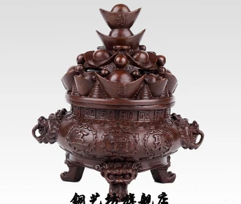 

11" China Bronze Treasure Bowl Lion Head Wealth Ingot Yuanbao Money Statue