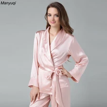 Шелк тутового шелкопряда пижамы набор для женщин Твердые Роскошные кимоно топы+ длинные брюки пижамы одежда для отдыха пижамы костюм для женщин