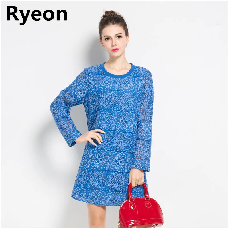 Koop Ryeon Xl 4xl Plus Size Print Kant Zomer Jurken Hollow Out EEN Lijn Plaid Vrouwen Jurken Elegance Casual Dames Vestidos