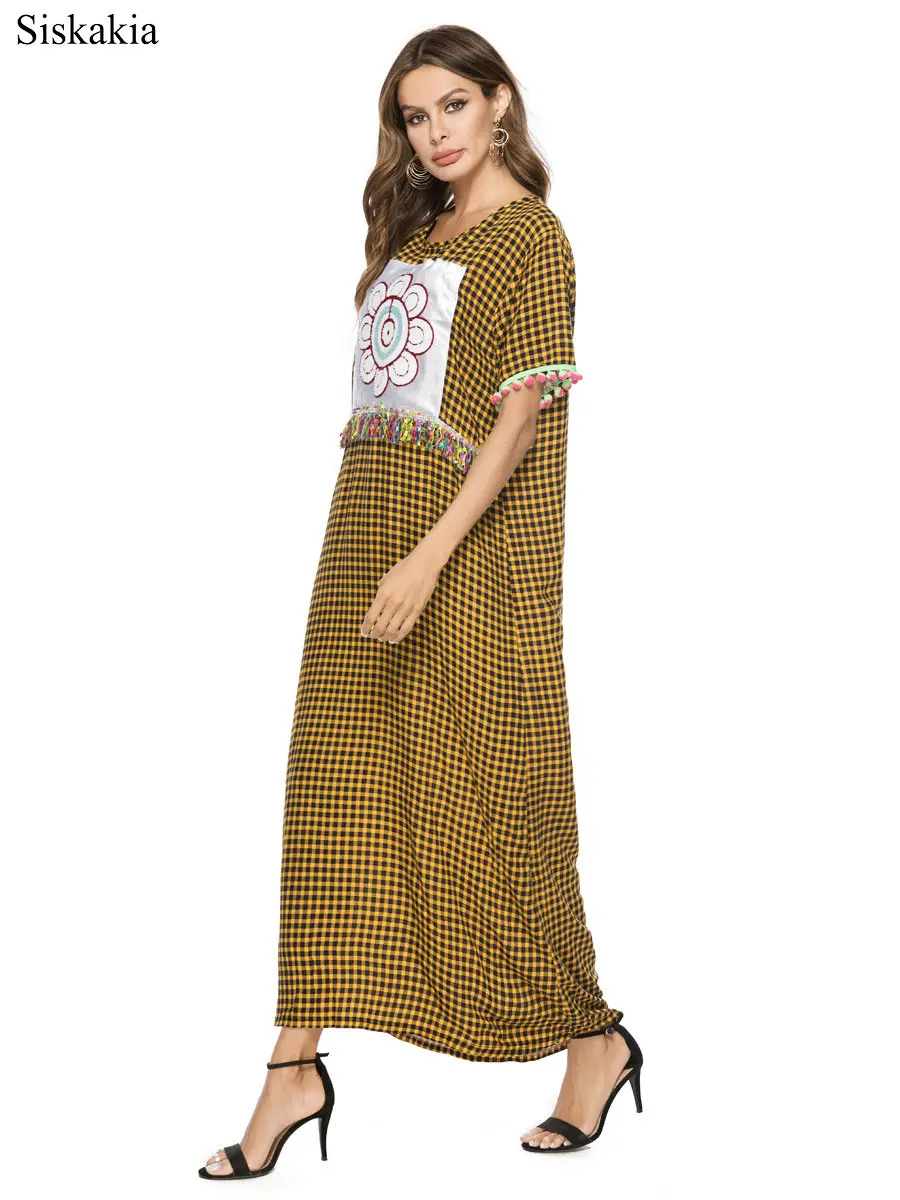 Siskakia Fashion Plaid Stripe Women Maxi Long Dress Print Tassel 3D Yellow Female Streetwear O neck Short Sleeve Loose Summer  (6)
