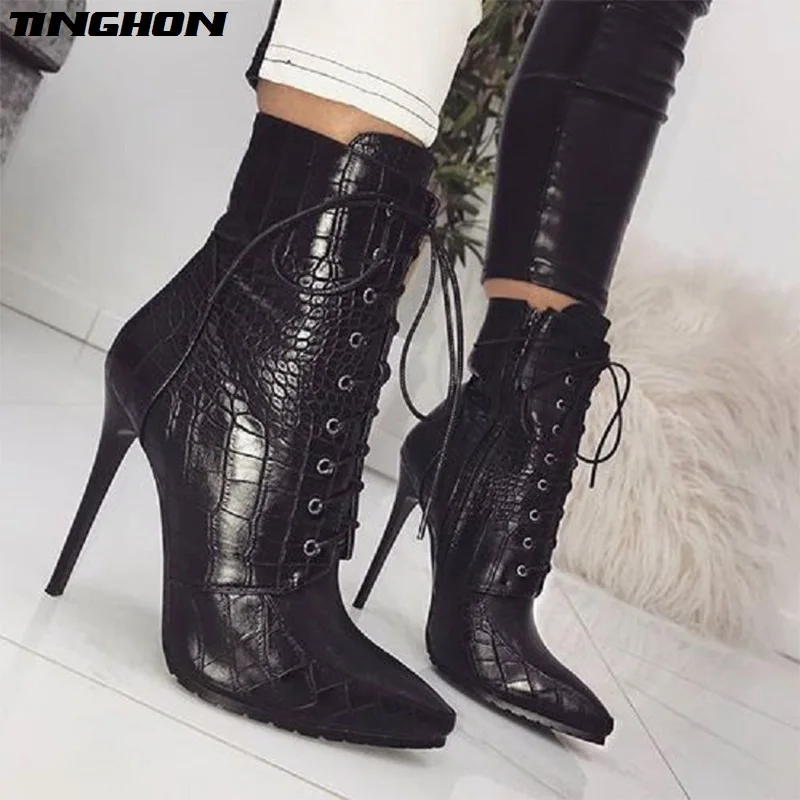 

TINGHON Snakeskin grain Ankle Boots For Women High heels Fashion Pointed toe Ladies Sexy shoes New Lace-Up Boots Size 35-42