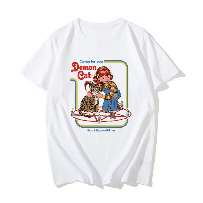 

Caring For Your Demon Cat Graphic Tops Tshirt Funny Halloween Satan Vintage T-shirt Women Ouija Harajuku Summer Gothic T Shirt