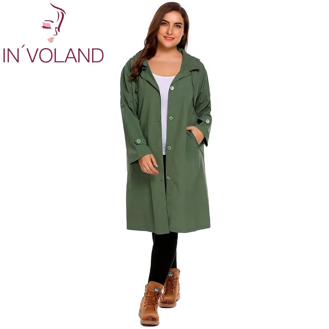 

IN'VOLAND Women's Trench Coat Plus Size XL-5XL Hoodie Windbreaker Solid Pockets Button Lightweight Raincoat Overcoat Big Size