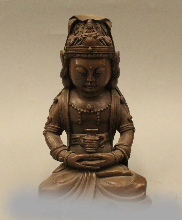 

8" Old China Chinese Buddhism Bronze Seat Pot Kwan-yin Guan Yin Goddess Statue