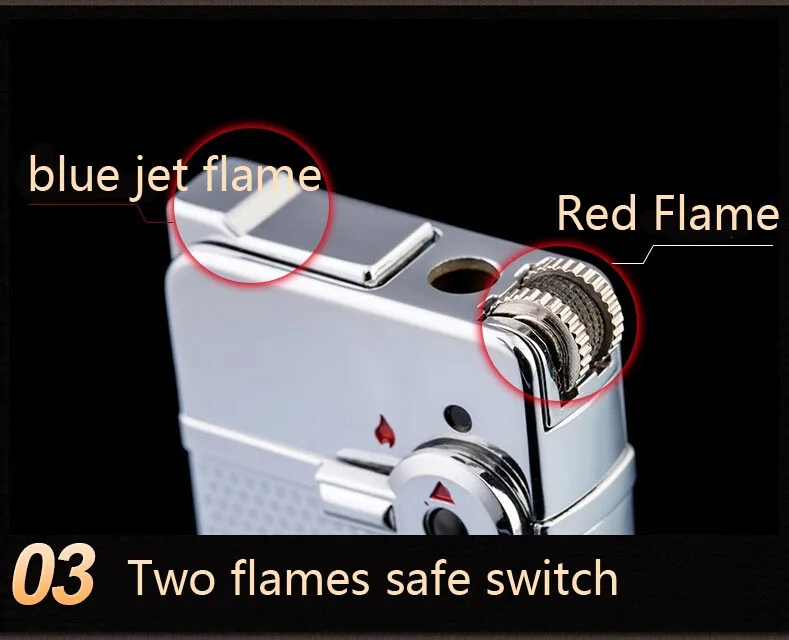 Jobon два пламени(Ветрозащитный синий струи пламени+ красный пламя) зажигалка Металл Газ надувной шлифовальный круг Зажигалка курительная подарочная коробка