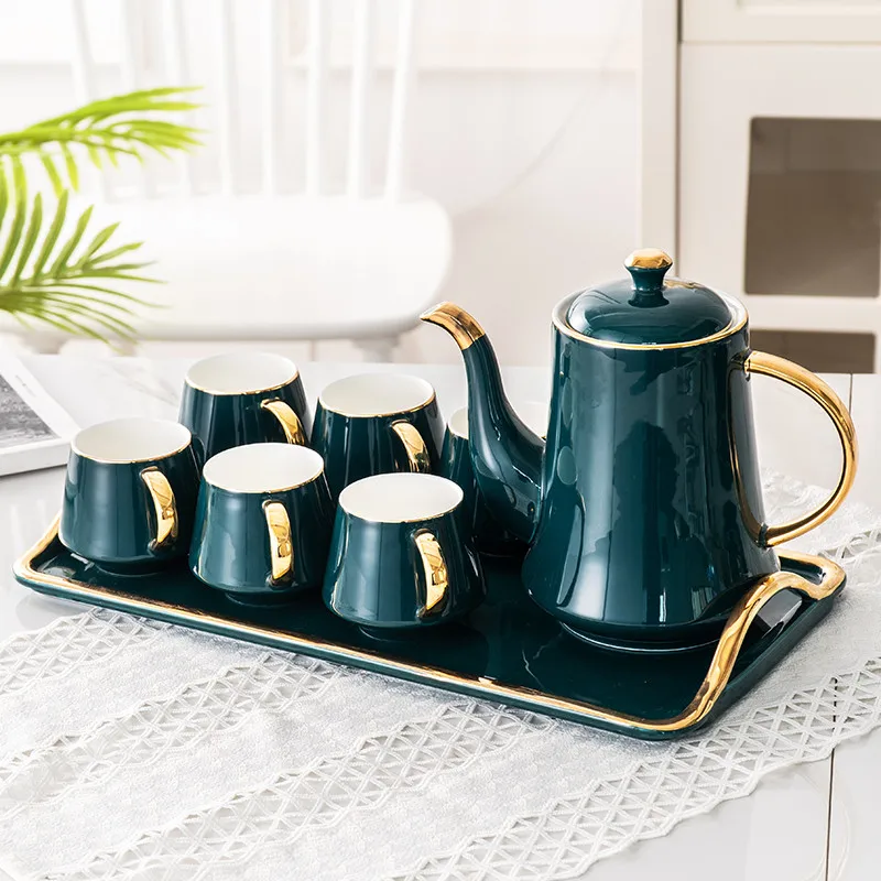 

Coffee Cup Set Drinkware Ceramic Coffee Pot and Coffee Cups Eight Piece Set Tea Set With Tray Wedding Gift Peacock Blue and Gold