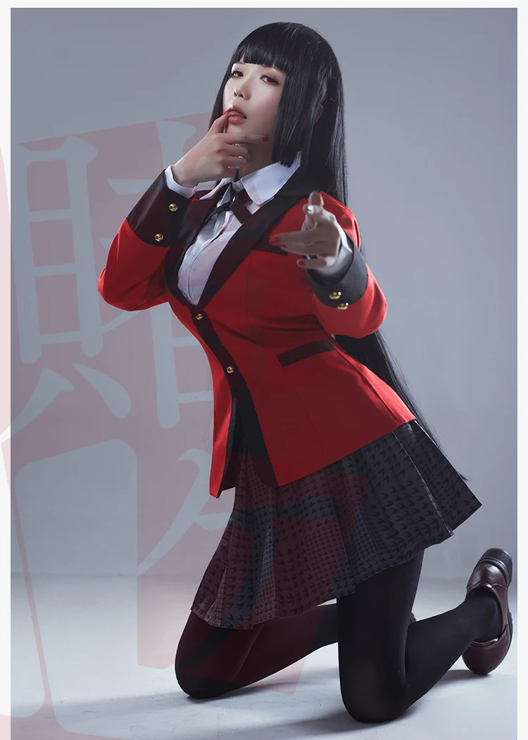 Популярные крутые костюмы для косплея, аниме Kakegurui Yumeko Jabami, японская школьная форма для девочек, полный комплект, куртка+ рубашка+ юбка+ чулки+ галстук