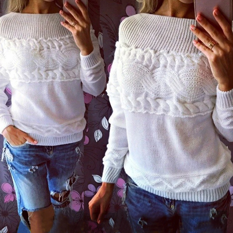 

2019 Autumn Winter Women Knitted Sweater Off Shoulder Slash Neck Splicing Knit Tops Knitwear women sweaters and pullovers female