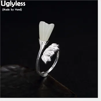 

Uglyless 100% Real Solid 925 Sterling Silver Handmade Grass Open Rings for Women Natural Jade Magnolia Finger Ring Fine Jewelry